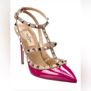 Valentino Garavani Fuchsia Patent Ankle Strap Rockstud Pumps. Size 37 100MM.